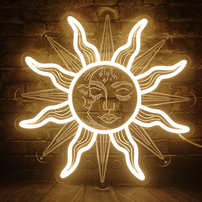 Vintage Burning Sun and Moon Neon Sign - Remote Dimmer 3D Boho Aesthetic Room Decor Celestial Mystic Sun Moon USB Power LED Sign Light w/Closed Eyes Psychedelic for Bedroom Gift - 12"
