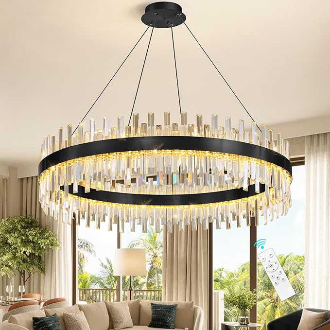 Glam Crystal Chandelier Large Ring Chandeliers with Remote Dimmable LED Light Adjustable Hanging Lights Luxury Ceiling Pendant Lighting Fixtures for Living Dining Bedroom Foyer Black Light