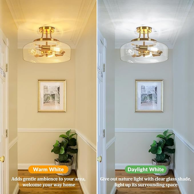 TOBUSA 3-Light Semi Flush Mount Light Fixture, Modern Industrial Glass Ceiling Light with E26 Base, Metal Semi Flush Ceiling Light for Living Room Kitchen Bedroom Hallway Balcony, No Bulbs, Gold