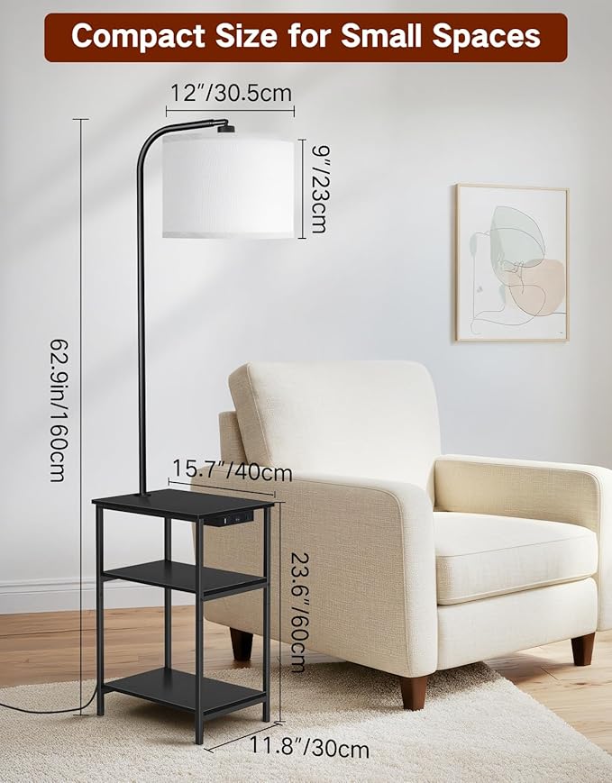 Floor Lamp with Table & Remote, Side End Table with Charging Station, Dimmable Nightstand with 3 Color Temperatures, 1-Hour Timer, 12W LED Bulb, for Living Room, Bedroom(Black)