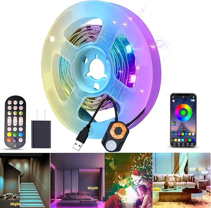 Meiyue LED Strip Light Motion Sensor Under Bed Lights 9.84FT RGB,Remote/APP Control,Dimmable,Music Sync,Auto-Off Timer,Motion Activated Led TV Night Light for Bed Stair Cabinet Party Computer Desk