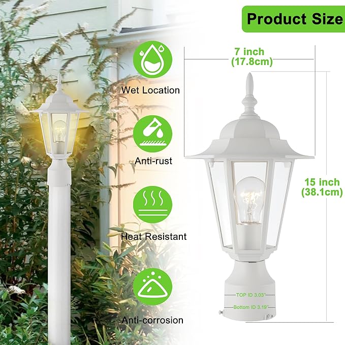 Outdoor Post Light, Pole Lantern, Waterproof Die-Cast Aluminum Pole Light Fixture with Glass, Exterior Post Lamp for Garden Yard Patio Pathway, Matte White, 1-Pack