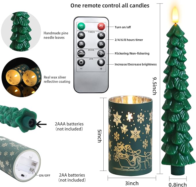 Lezonic Christmas Flameless Candles with Remote, Green Christmas Tree Flickering Battery Operated Window Candlesticks, Glass Flameless Xmas New Year Decorations Gifts, Set of 4 Real Wax LED Candles