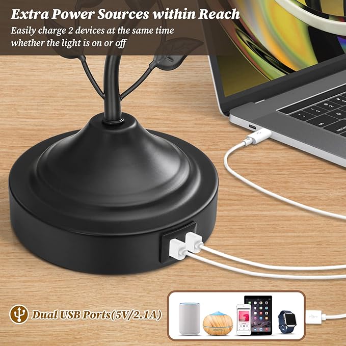 3-Way Dimmable Touch Table Lamps for Living Room Set of 2 Traditional Lamps for Bedroom with 2 USB Charging Ports Bedside Nightstand Lamps for Reading Retro Vine Lamps End Table Office, Bulbs Included
