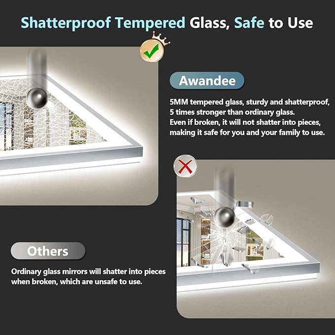 55x36 Brushed Nickel LED Bathroom Mirror with Lights, Sliver Framed Backlit and Front Lit Anti-Fog Lighted Vanity Mirrors for Bathroom Wall, Dimmable, 3 Colors, Memory, Tempered Glass, CRI＞90
