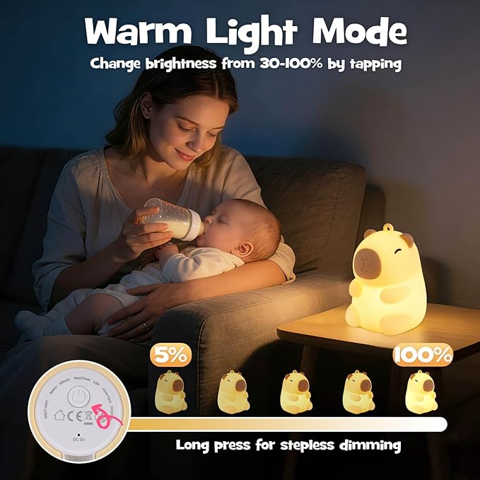 Capybara Night Light Squishy Silicone Nursery Breastfeeding Nightlight with Dimmable Warm White & RGB Color Modes Cute Capybara Lamp Rechargeable Touch Bedside Desk Animal Lamp for Bedroom Dorm Decor