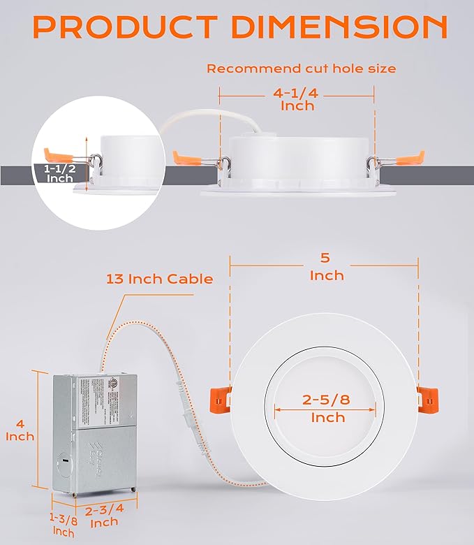 CLOUDY BAY [4-Pack] 4 inch 5 Color Swivel LED Gimbal Recessed Light with Junction Box, IC Rated Air Tight, 120V CRI90+, 2700K/3000K/3500K/4000K/5000K Temperature Selectable,White