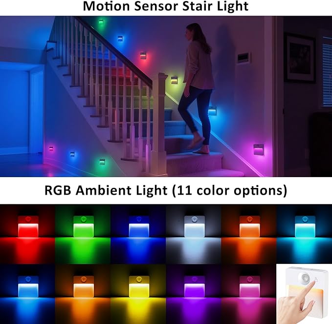 16 Pack Rechargeable Motion Sensor Stair Light for Indoor, RGBW Battery Operated Closet Lights, Stick On Night Lamp, Motion Activated Magnetic Lighting Lamps for Step,Cabinet,Hallway,Bathroom