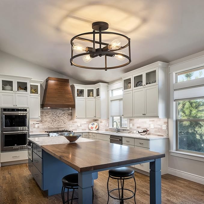 Industrial Semi Flush Mount Ceiling Light,4 Light Rustic Metal Ceiling Light Fixture,Black Farmhouse Chandelier for Kitchen Island Dining Room Hallway Entryway Bedroom Living Room.