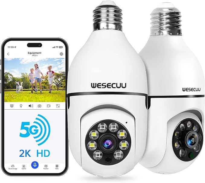 WESECUU Light Bulb Security Camera -5G& 2.4GHz WiFi 2K Security Cameras Wireless Outdoor Motion Detection and Alarm,Two-Way Talk,Color Night Vision,Human Detection, Bulb Camera Compatible with Alexa