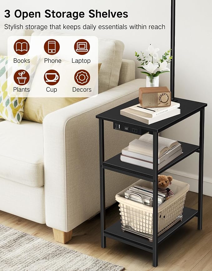 Floor Lamp with Table & Remote, Side End Table with Charging Station, Dimmable Nightstand with 3 Color Temperatures, 1-Hour Timer, 12W LED Bulb, for Living Room, Bedroom(Black)