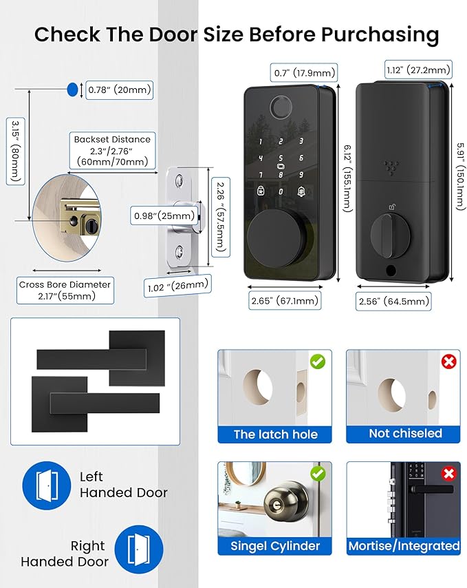 Smart Deadbolt Lock with 2 Handle Set, 5-in-1 Keyless Entry Door Lock with Fingerprint, APP Control, Auto Lock, IP54 Waterproof, Temporary Passcode for Front Door