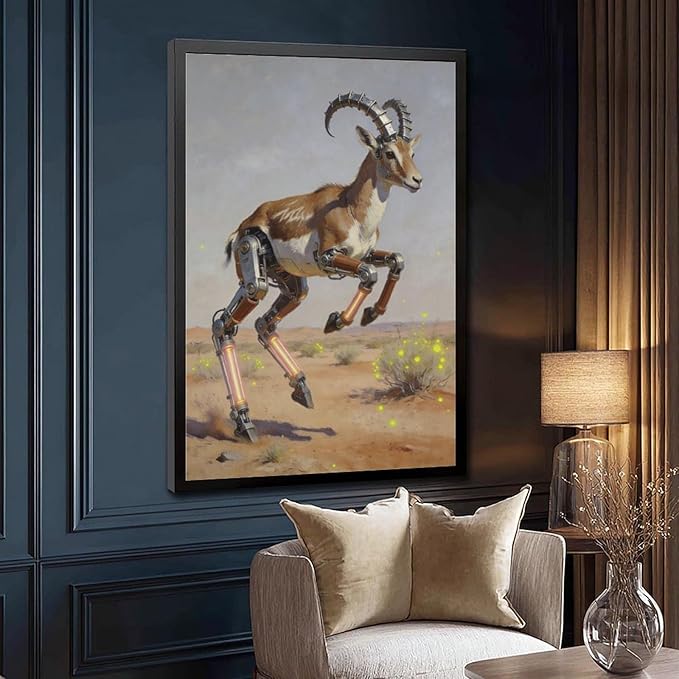 Framed Steampunk Mechanical Antelope Wall Art - Desert Futuristic Poster for Loft Living Room Decor 12x18in