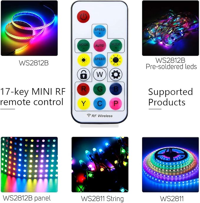 ALITOVE WS2812B WS2811 Addressable LED Controller RF Remote Wireless Mini Controller 5~24V DC for WS2812 WS2811 Dream Color Rainbow RGB LED Pixel Strip Panel Light, 3pin JST Connector 200 Color Modes