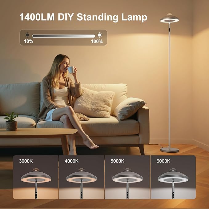 DUSKTEC Floor Lamp with RGB Star Projector, 15W 1400LM Dimmable 4 Color Temperatures LED Standing Lamp with Remote, Modern Tall Corner Lamp for Living Room, Bedroom, Office (Silver)