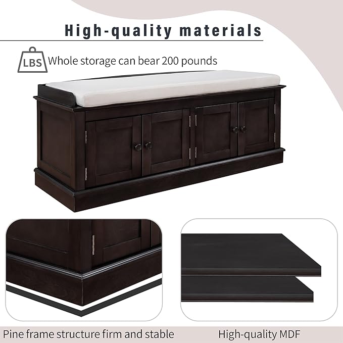 Merax Farmhouse Solid WOD Entryway Shoe Bench with Seat Cushion Multifunctional Storage Cabinet for Hallway Living Room Bedroom Espresso