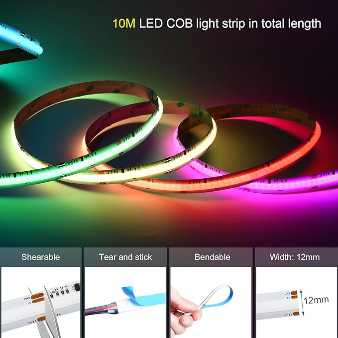 INDARUN RGB Smart IC COB Led Strip Light 32.8ft, 7200 LEDs 12mm Width, 24V Led Strip Lights Color Flowing Multicolor, Flexible Tape Light for TV Backlight, Smart Led Srtip Lights APP Control