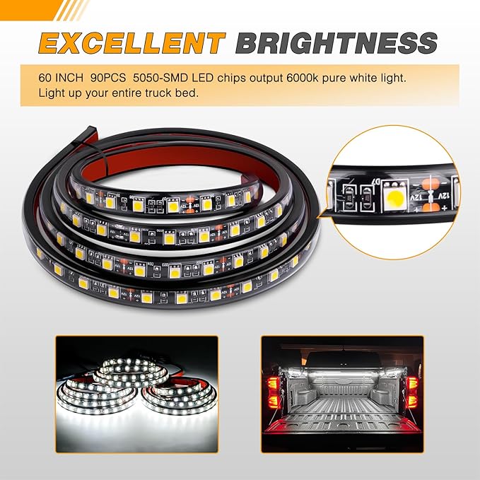 GOOACC Truck Bed Light Strip 3PCS 60" 270 LEDs White Lighting Waterproof for 12 Volt Car Cargo Pickup SUV RV Boat, On/Off Switch Blade Fuse Splitter Cable