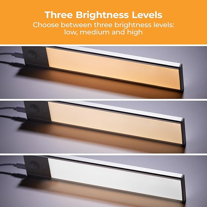 PureOptics LED Rechargeable Under Cabinet Lighting, Motion Sensor On/Off, Warm White LED, Stick-On Install for Kitchen & Closets - 2 Bars