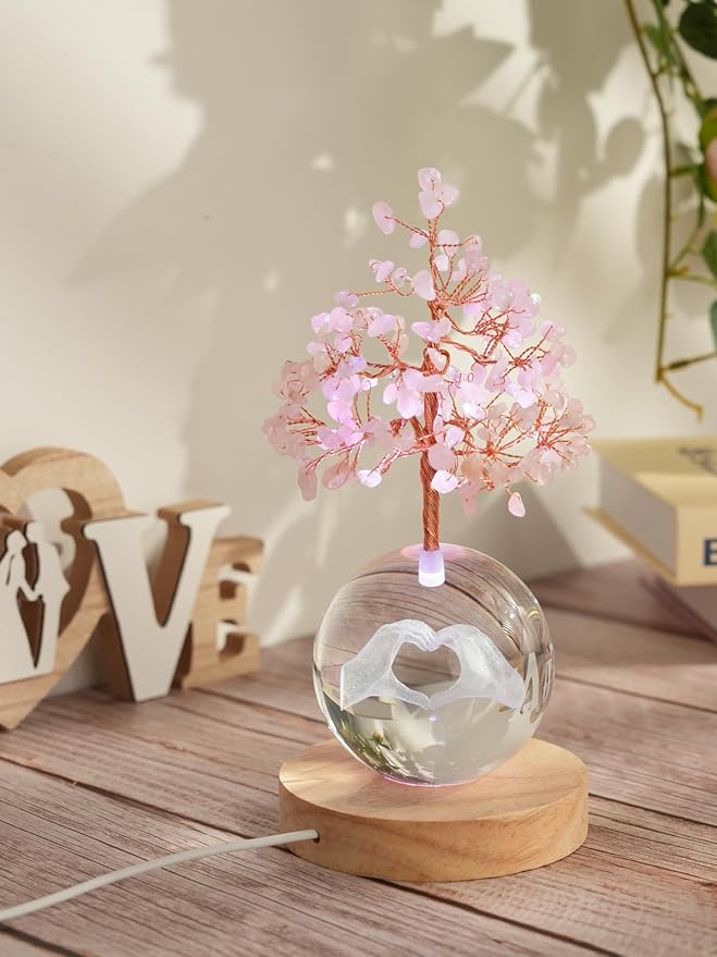 Rose Quartz Crystal Tree of Life for Positive Energy, Chakra Healing Tree with Remote Control Multicolor Night Light for Room, Office, Desk Decor, Pink Gift for Women, Girls (Heart Hands)