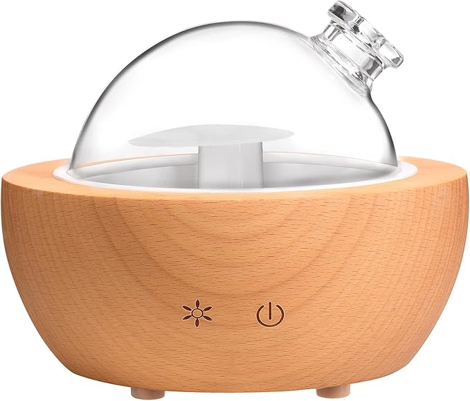 Glass Aromatherapy Essential Oil Diffuser, 200ml Natural Wood Base, Desktop Ultrasonic Aroma Diffuse Essential Oil Humidifier,LED Light Available in 7 Colors, Suitable for Home Office Bedroom