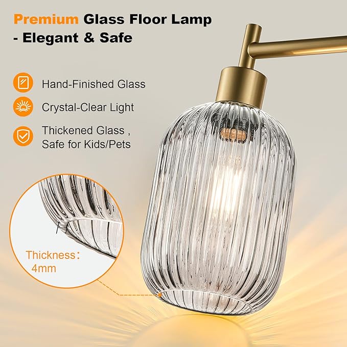 【Upgraded】 Dimmable Glass Floor Lamp for Living Room, Modern Gold Standing Lamp with Gray Ribbed Glass Lampshade & Knob Dimmer, Arc Tall Lamp for Bedroom Office Reading Room, 2700K Led Bulb Included