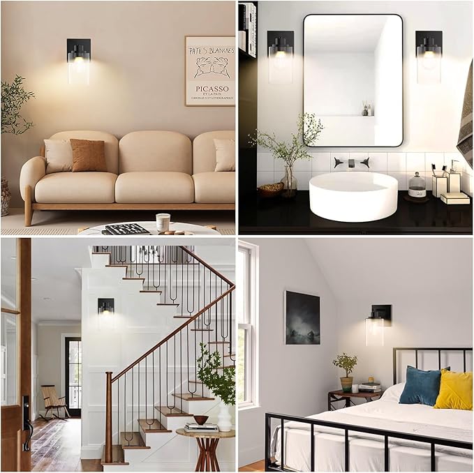 Wall Sconces Set of 2 Matte Black Vanity Lights for Bathroom, Modern Wall Light Fixtures Sconce Lights Indoor with Clear Glass Farmhouse Wall Mount Lamp for Bedroom Mirror Living Room Hallway E26 Base