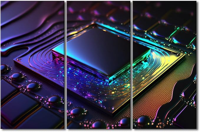 3 Panel Wall Art Computer Processor Poster on Canvas, Framed Wall Art Artificial Intelligence Wall Decoration Modern Artwork Giclee Stretched Framed Ready to Hang, 42" Wx28 H