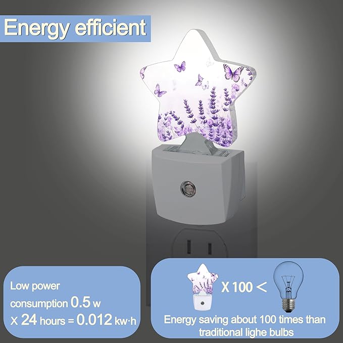 Lavender Butterfly Nightlight,Summer Flowers Star Night Lights Plug into Wall Decorations for Bedroom Bathroom,Dusk to Dawn Sensor Kitchen Hallway Stairs Energy Efficient Desk Lamp