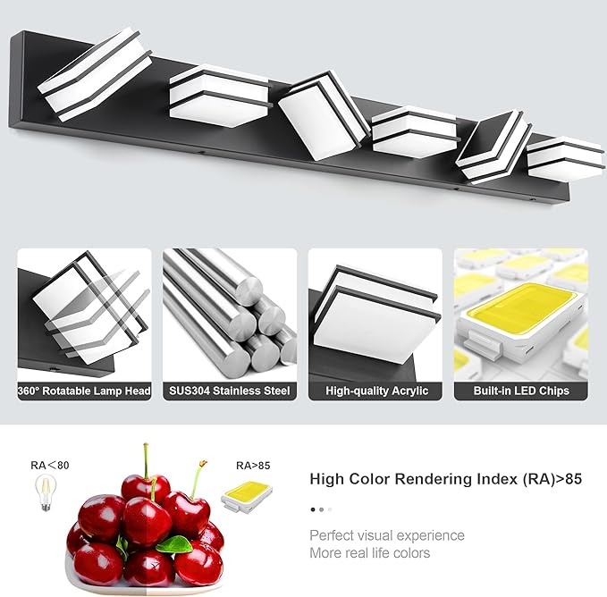 3 Color Temperature Dimmable Vanity Lights for Bathroom, Black 6 Light Vanity Light Fixtures, Acrylic Stainless Steel Square Shade Light Fixtures for Bathroom Above Mirror, ETL Certificated