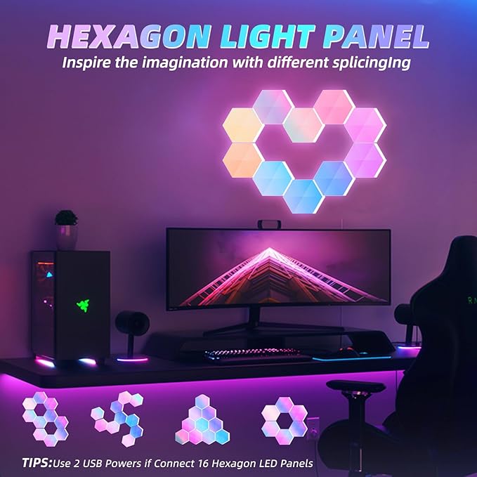 Smart Hexagon Lights DIY Hexagon Led Light App & Remote Controlled & Music Sync Features USB & Type C Modern RGB Wall Panels for Living & Gaming Decor (10Pack)