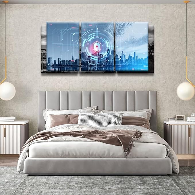 LSIUHWUWI 3 Panel Wall Art Internet Security and Global Protection Poster on Canvas,for Home Office Decoration,Digital Cybersecurity Concept Artwork Stretched Framed Ready to Hang, 16x24inchx3