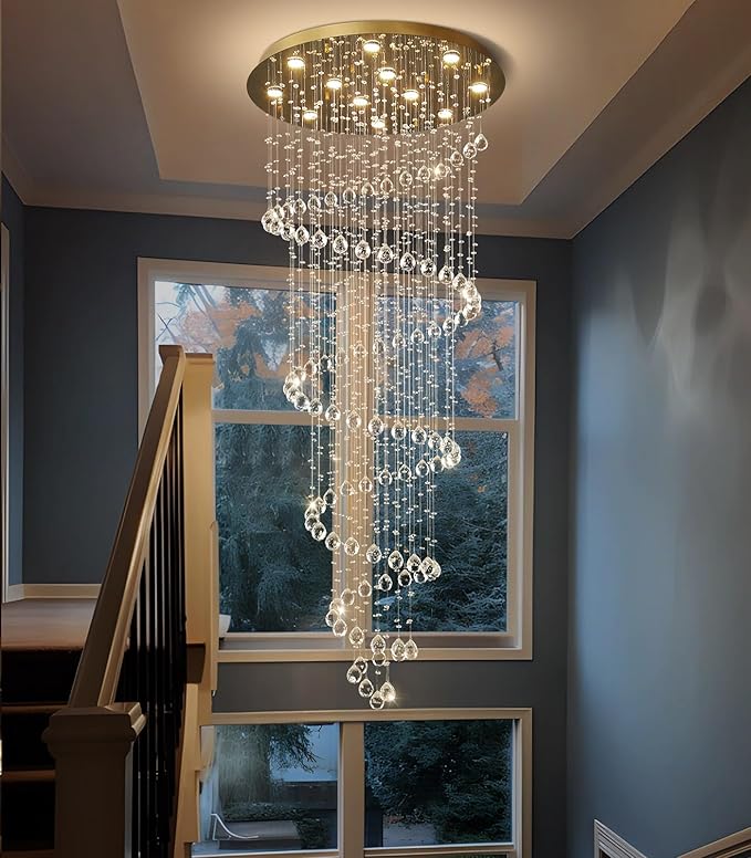 LED High Ceiling Chandelier Crystal Chandeliers Light Fixtures with Dimmable Light Bulbs Gold Living Room Foyer Chandelier Modern Pendants Lights for Entryway Staircase Gold