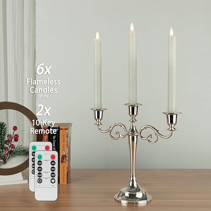 Flameless Taper Candles with Two Rmote, 9.6" Real Wax Battery Operated Candles with 3D Wick, 6 Pack Led Candle Flickering Candlesticks, Electric Candle for Home, Wedding, Party, Decor, White