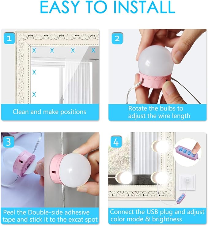 Led Vanity Mirror Lights, Vanity Lights for Makeup Dressing Mirror Lighting,10 Dimmable Bulbs,Adjustable Light Color & Brightness,USB Cable