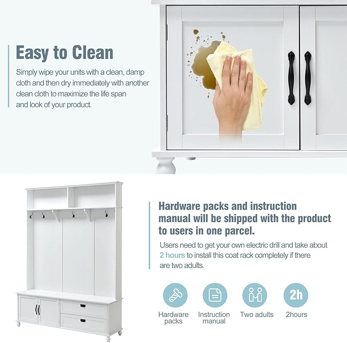 Widen Hall Tree with Bench and Shoe Storage, Modern Entryway Bench with Coat Rack, Cabinet, 2 Drawers and Shelves, Mudroom Bench with Storage and 5 Hooks for Entry Way, Hallway (White)