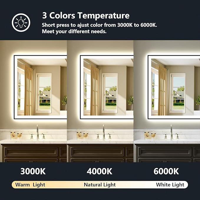 60x38 Inch LED Bathroom Mirror with Lights (Front Lit and Backlit) Black Framed Lighted Vanity Mirror for Bathroom Wall Dimmable Anti-Fog Memory Tempered Glass Horizontal/Vertical