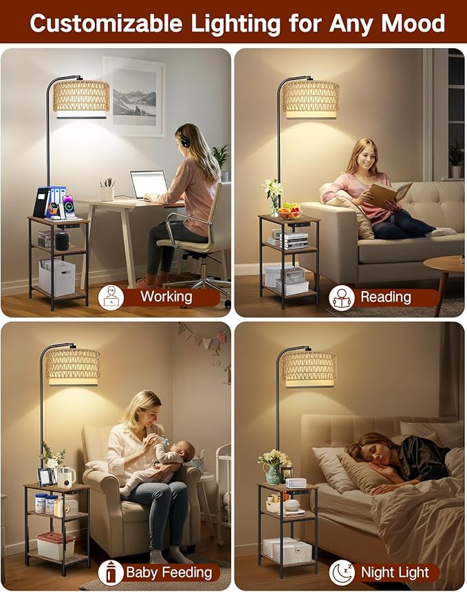 Floor Lamp with Table & Rattan Shade, Side End Table with Charging Station, Dimmable Nightstand with 3 Color Temperatures, 1-Hour Timer, 12W LED Bulb, for Living Room, Bedroom(Rustic Brown)