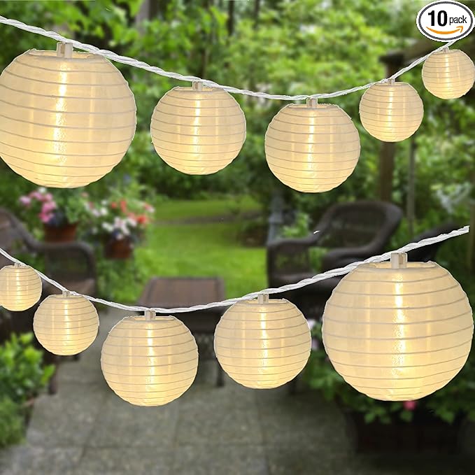 Vigdur White Lantern String Lights - Large and Small Hanging Nylon Lantern Lights Plug in for Indoor Bedroom Party Outdoor Patio Backyard Use,9.84FT