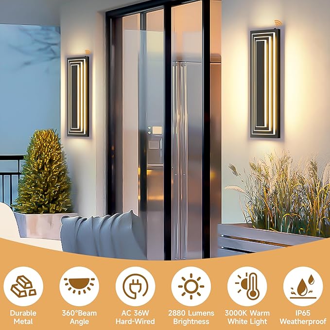 Dusk To Dawn Long Outdoor Wall Light Fixtures, LED Modern Outdoor Lighting For House, 23.6 IN Exterior Wall Sconce,Black Front Porch Light, Waterproof Outside Garage Lights,36W Warm White 1Pcs