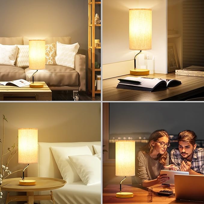 Set of 2 Smart Bedside Table Lamp with Wireless Charger & USB Port - Touch Control LED Desk Lamp for Bedroom, Dimmable Wooden Nightstand Lamp with Fabric Shade for Living Room, Kid's Room, (Cream)