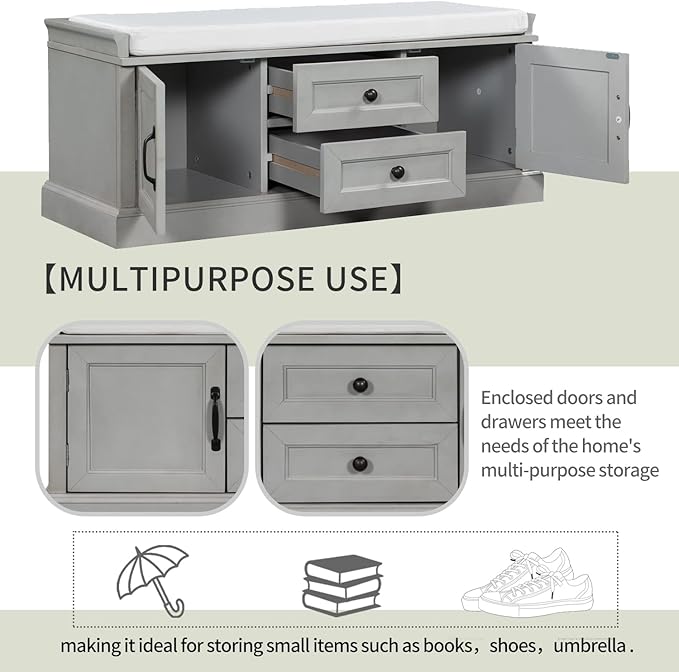 Merax Classic Wood Shoe Storage Bench with Drawers and Seat Cushion for Entryway Hallway Front Door Gray Wash