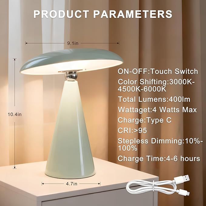 Mushroom Lamp Mid Century Modern Table Lamp, LED Cordless Rechargeable Bedside Light, Dimmable Touch 3-Color Temp, Retro Small Lamp for Bedroom, Living Room，Aesthetic Decor (Green)