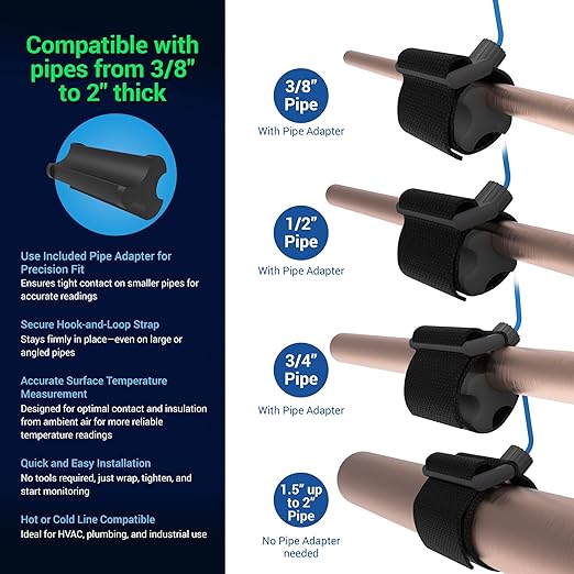 TempTouch WiFi Clamp Temperature and Humidity Sensor, Smart Thermometer for Plumbing and HVAC, App-Controlled Wireless with Velcro Strap