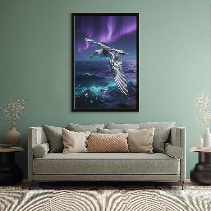 Framed Steampunk Mechanical Seagull Wall Art - Aurora Ocean Retro Poster for Bedroom Game Room Decor 24x36in