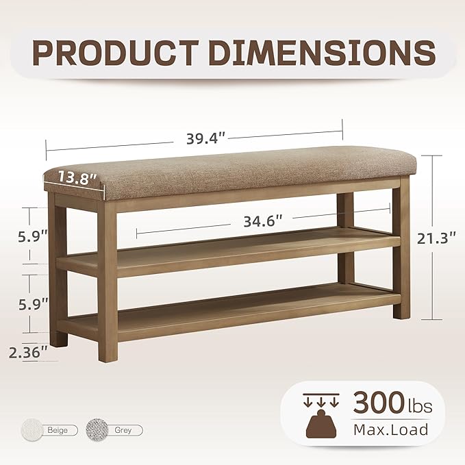 2 Tier Shoe Rack Bench with Cushion, Solid Wood Shoe Benches, Mid-Century Modern Shoe Storage Bench for Entryway, Hallway, Living Room, Closet, Front Door Entrance, (Brown, 39.4")