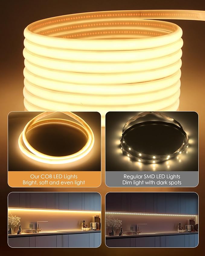 Aclorol 20FT LED Strip Lights IP67 Waterproof 5V USB COB LED Strip Light with Self-Adhesive Warm White Dimmable Tape Light for Kitchen Cabinet Shower Niche RV Awning Lighting Outdoor Patio Decoration