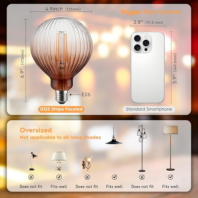 Vintage Edison LED Bulbs, Dimmable 4W Globe G125, 2200K Warm White Ambient Mood Lighting for Decoration, Squirrel Cage Filament, Gradient Brown Striation Figure Glass LED Light Bulbs, E26 Base