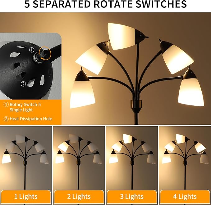 DLLT Modern Floor Lamp for Room: 5-Light Flexible Gooseneck Black Floor Lamps Standing for Living Room Bedroom Home Study Room Office - Tall Tree Floor Lights Adjustable Metal Multi Head E26 Base