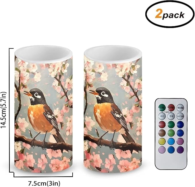 Robin Flower Flameless Candles 2 Pack 6 x 3 inch Battery Operated Candles with Multicolor Timer Remote Control LED Fake Candles for Warm Light Dinner Table Home Decor